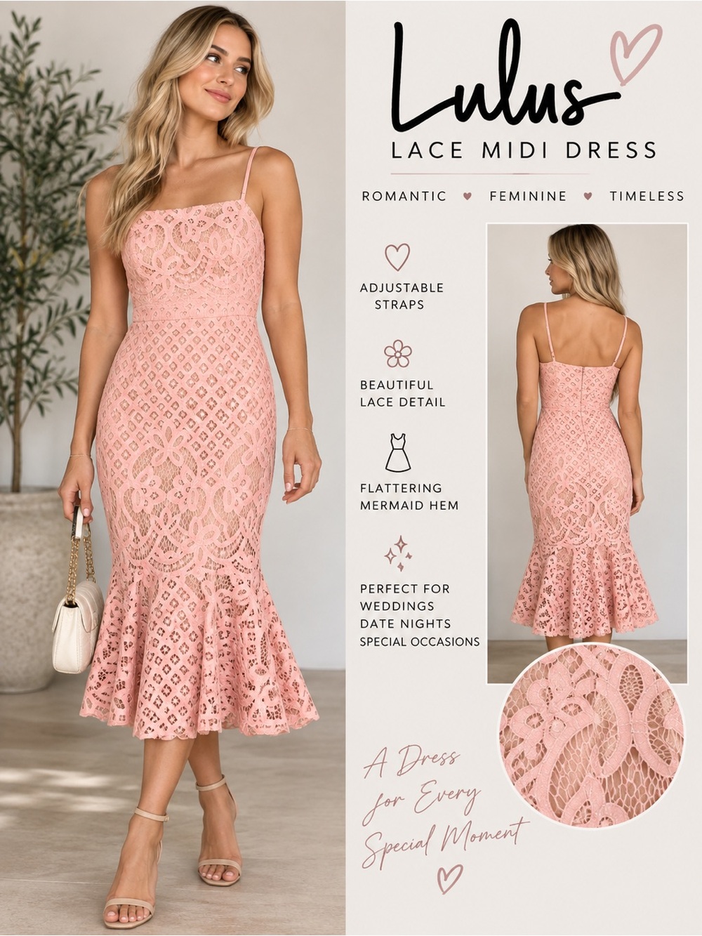 Lulu's Pink Lace Midi Dress